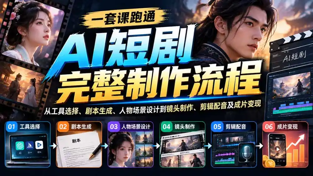 一套课跑通AI短剧完整制作流程：从工具选择、剧本生成、人物场景设计到镜头制作、剪辑配音及成片变现-豌豆轻创