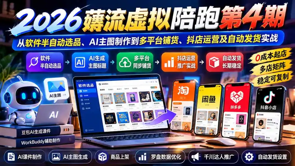 2026薅流虚拟陪跑第4期：从软件半自动选品、AI主图制作到多平台铺货、抖店运营及自动发货实战-豌豆轻创