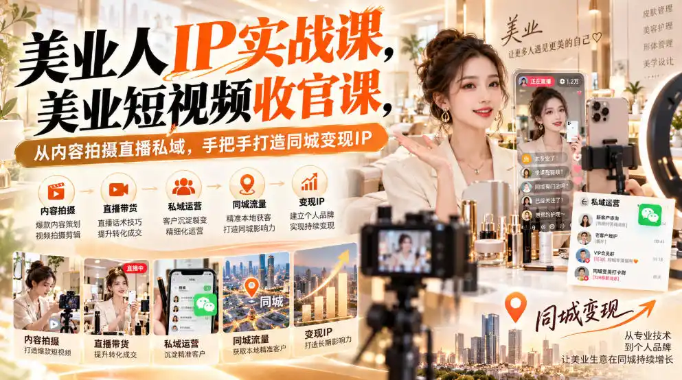 【无水印】美业人IP实战课，美业短视频收官课，从内容拍摄直播私域，手把手打造同城变现IP-豌豆轻创