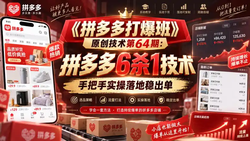 《拼多多打爆班》原创技术第64期：拼多多6杀1技术，手把手实操落地稳出单-豌豆轻创