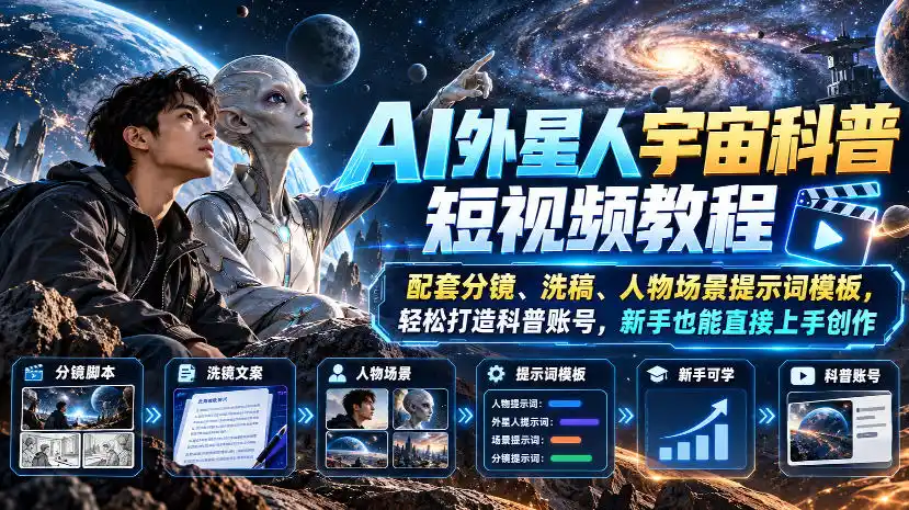 AI外星人宇宙科普短视频教程，配套分镜、洗稿、人物场景提示词模板，轻松打造科普账号，新手也能直接上手创作-豌豆轻创