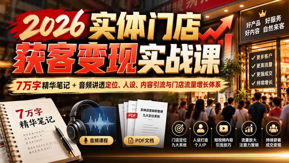 2026实体门店获客变现实战课：7万字精华笔记+音频讲透定位、人设、内容引流与门店流量增长体系-豌豆轻创