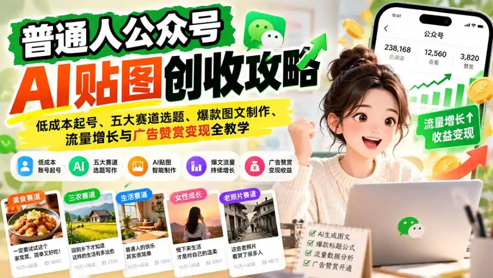 普通人公众号AI贴图创收攻略：低成本起号、五大赛道选题、爆款图文制作、流量增长与广告赞赏变现全教学-豌豆轻创