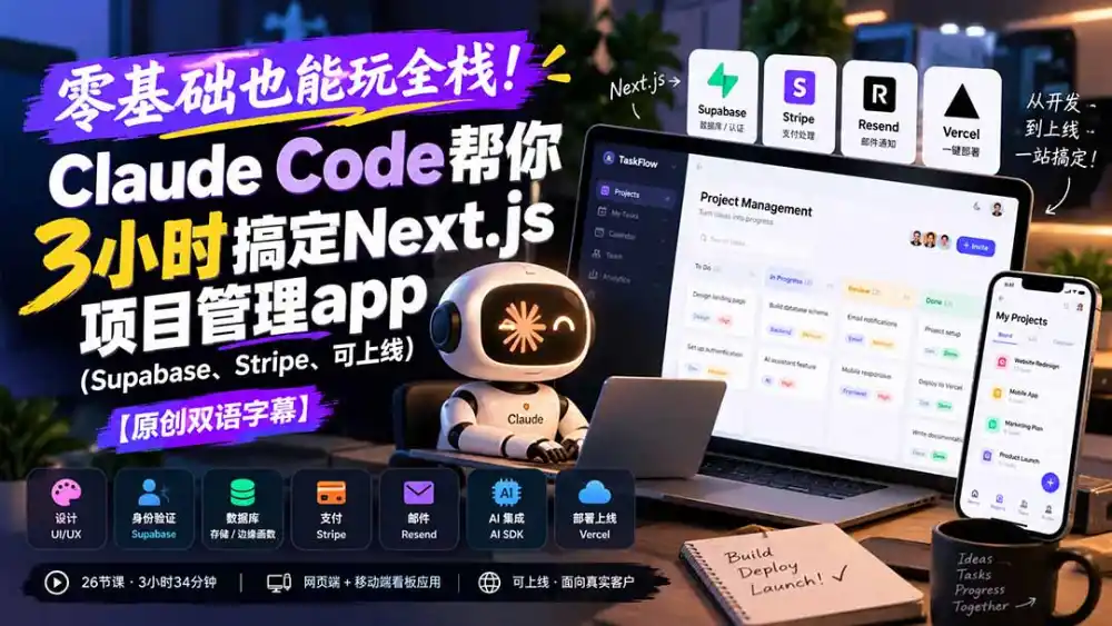 零基础也能玩全栈！Claude Code帮你3小时搞定Next.js项目管理app(Supabase、Stripe、可上线-豌豆轻创