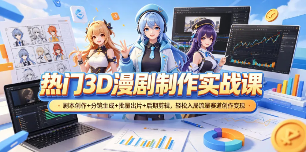热门3D漫剧制作实战课，剧本创作+分镜生成+批量出片+后期剪辑，轻松入局流量赛道创作变现-豌豆轻创