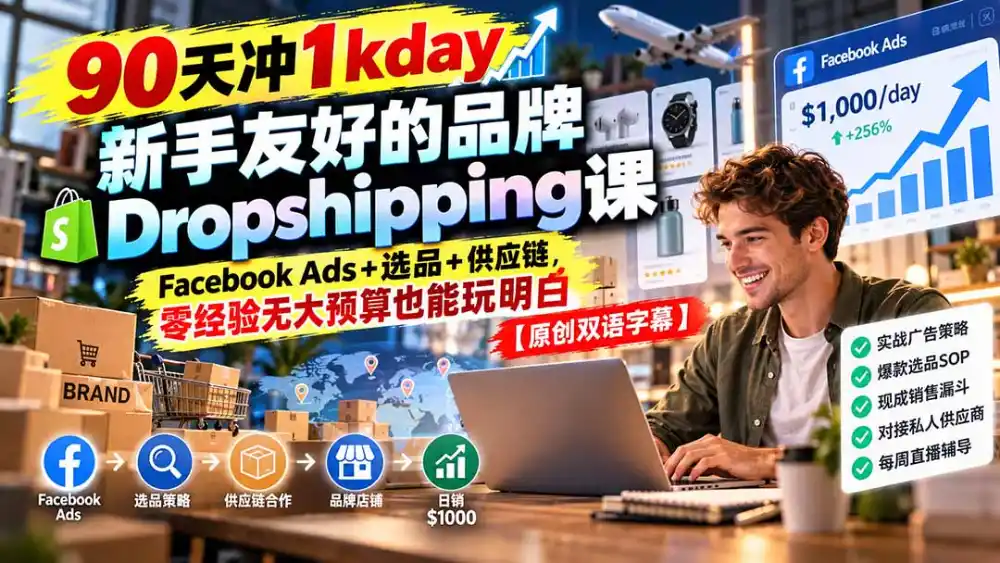 90天冲1kday 新手友好的品牌Dropshipping课：Facebook Ads+选品+供应链，零经验无大预算也能玩明白【原创双语字幕】-豌豆轻创