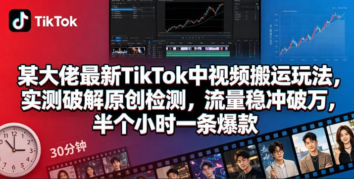 某大佬最新TikTok中视频搬运玩法，实测破解原创检测，流量稳冲破万，半个小时一条爆款-豌豆轻创