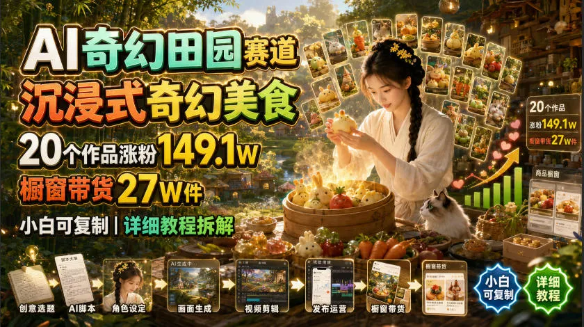 AI奇幻田园赛道，沉浸式奇幻美食，20个作品涨粉149.1W，橱窗带货27W件，小白可复制，详细教程拆解-豌豆轻创