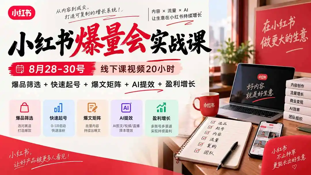 小红书爆量会实战课：8月28-30号线下课视频20小时，爆品筛选+快速起号+爆文矩阵+AI提效+盈利增长-豌豆轻创