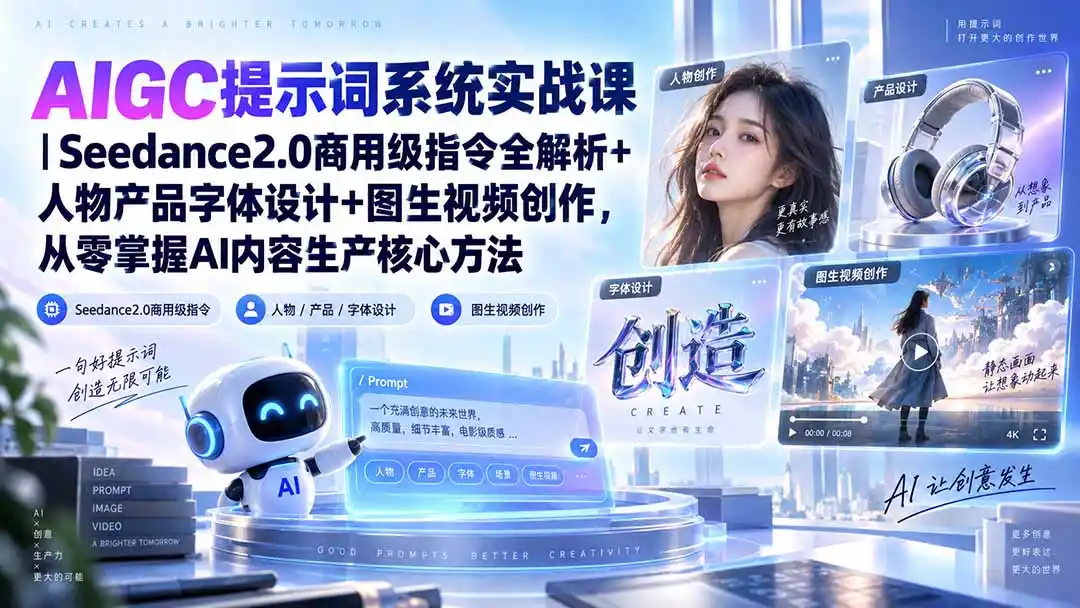 AIGC提示词系统实战课-无水印|Seedance2.0商用级指令全解析+人物产品字体设计+图生视频创作,掌握AI内容生产方法-豌豆轻创