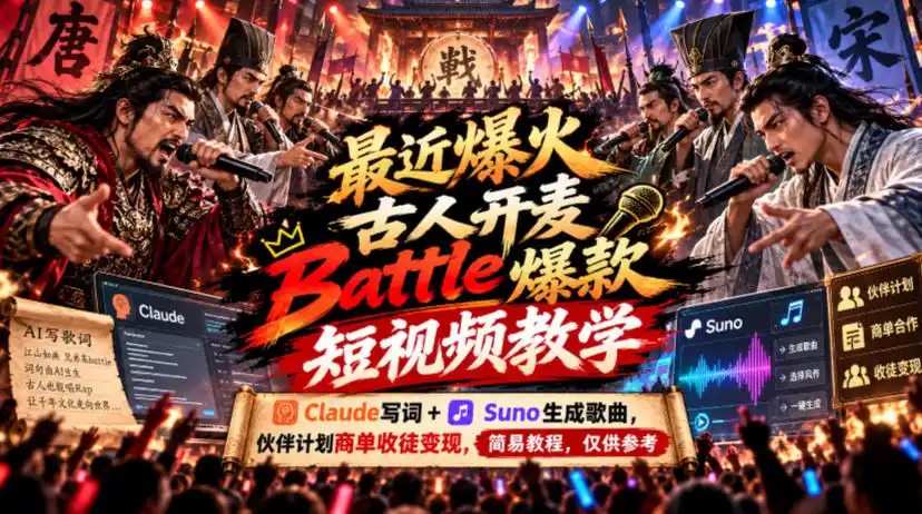 最近爆火古人开麦Battle爆款短视频教学，Claude写词+Suno生成歌曲，伙伴计划商单收徒变现，简易教程，仅供参考-豌豆轻创