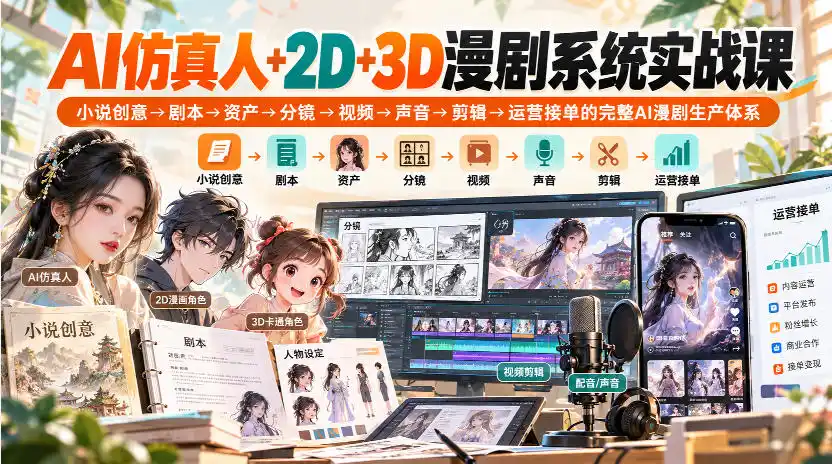 【无水印】AI仿真人+2D+3D漫剧系统实战课，小说创意→剧本→资产→分镜→视频→声音→剪辑→运营接单的完整AI漫剧生产体系-豌豆轻创