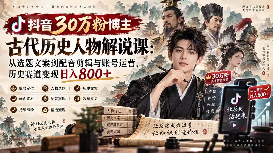 抖音30万粉博主古代历史人物解说课：从选题文案到配音剪辑与账号运营，历史赛道变现日入800+-豌豆轻创