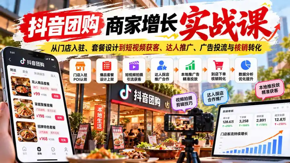 抖音团购商家增长实战课：从门店入驻、套餐设计到短视频获客、达人推广、广告投流与核销转化-豌豆轻创