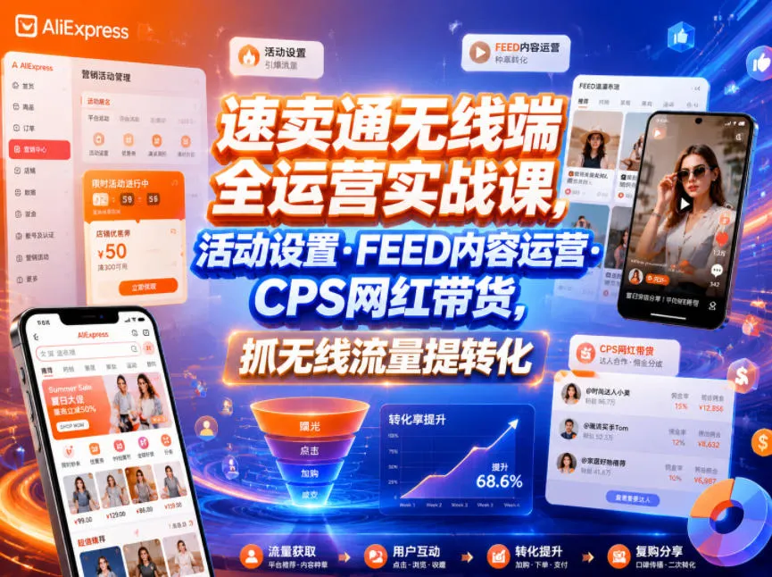 速卖通无线端全运营实战课,活动设置・FEED内容运营・CPS网红带货,抓无线流量提转化-豌豆轻创