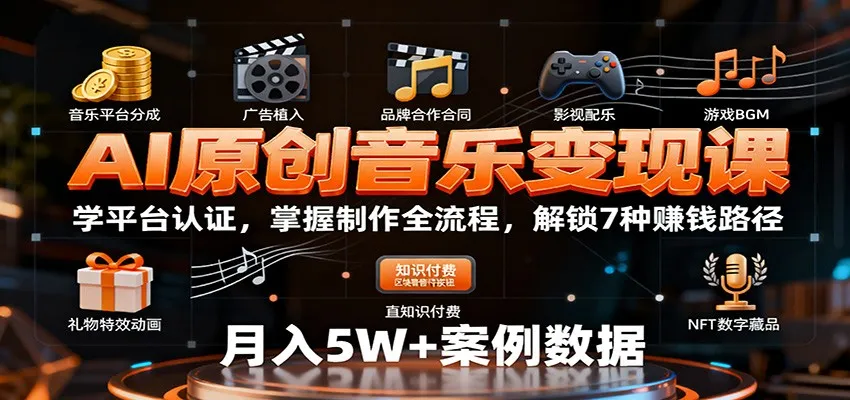 AI原创音乐变现课：学平台认证，掌握制作全流程，解锁7种赚钱路径-轻创