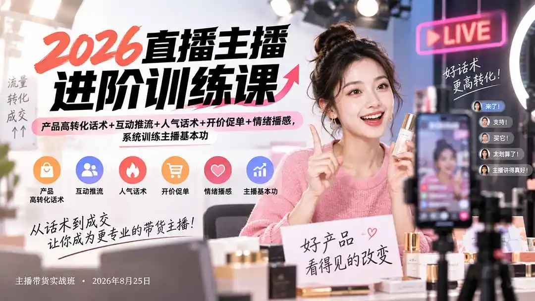 2026直播主播进阶训练课:产品高转化话术+互动推流+人气话术+开价促单+情绪播感,系统训练主播基本功-豌豆轻创