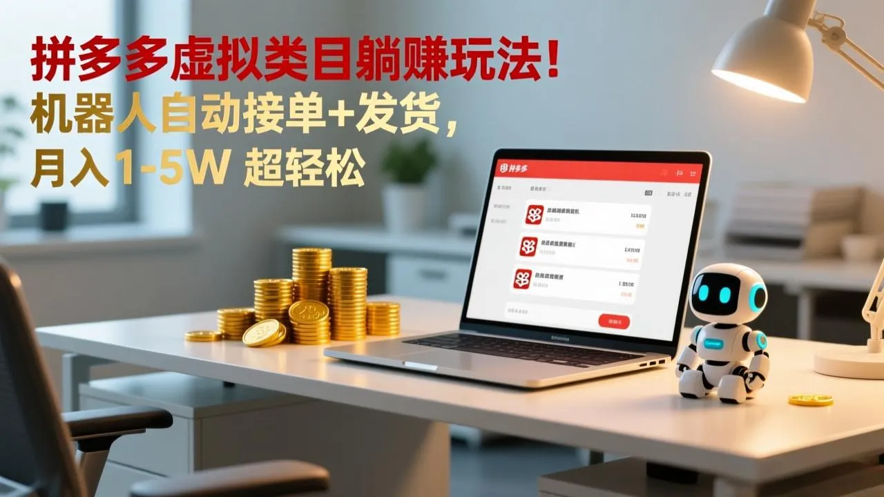 多多虚拟类目躺赚玩法！机器人自动接单+发货，月入 1-5W 超轻松-轻创