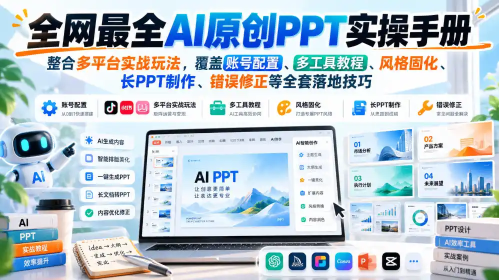 全网最全AI原创PPT实操手册，整合多平台实战玩法，覆盖账号配置、多工具教程、风格固化、长PPT制作、错误修正等全套落地技巧-豌豆轻创