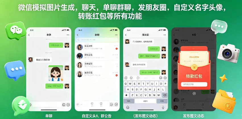 微信模拟图片生成，聊天，单聊群聊，发朋友圈，自定义名字头像，转账红包等所有功能都可以生成-豌豆轻创