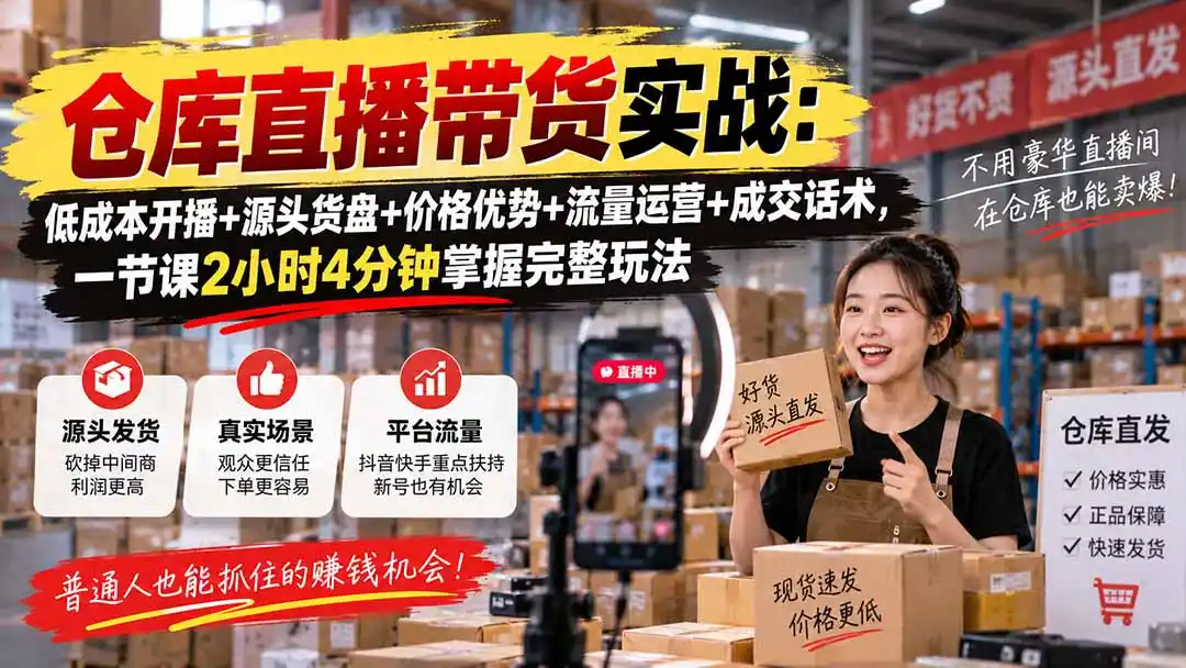 仓库直播带货实战：低成本开播+源头货盘+价格优势+流量运营+成交话术，一节课2小时4分钟掌握完整玩法-豌豆轻创
