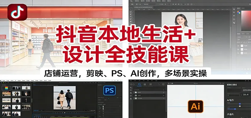 抖音本地生活+设计全技能课：店铺运营，剪映、PS、AI创作，多场景实操-轻创