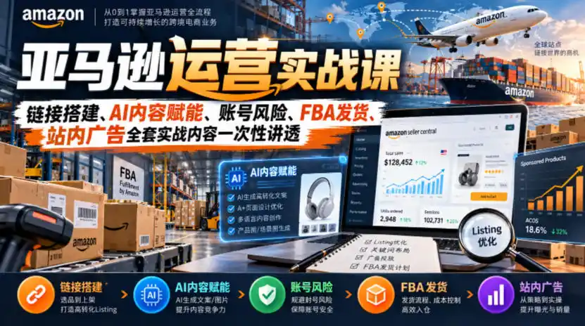 亚马逊运营实战课,链接搭建、AI内容赋能、账号风险、FBA发货、站内广告全套实战内容一次性讲透-豌豆轻创