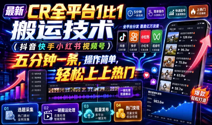 最新CR全平台1比1搬运技术(抖音快手小红书视频号)五分钟分钟一条,操作简单,轻松上热门(教程+软件+参数)-豌豆轻创