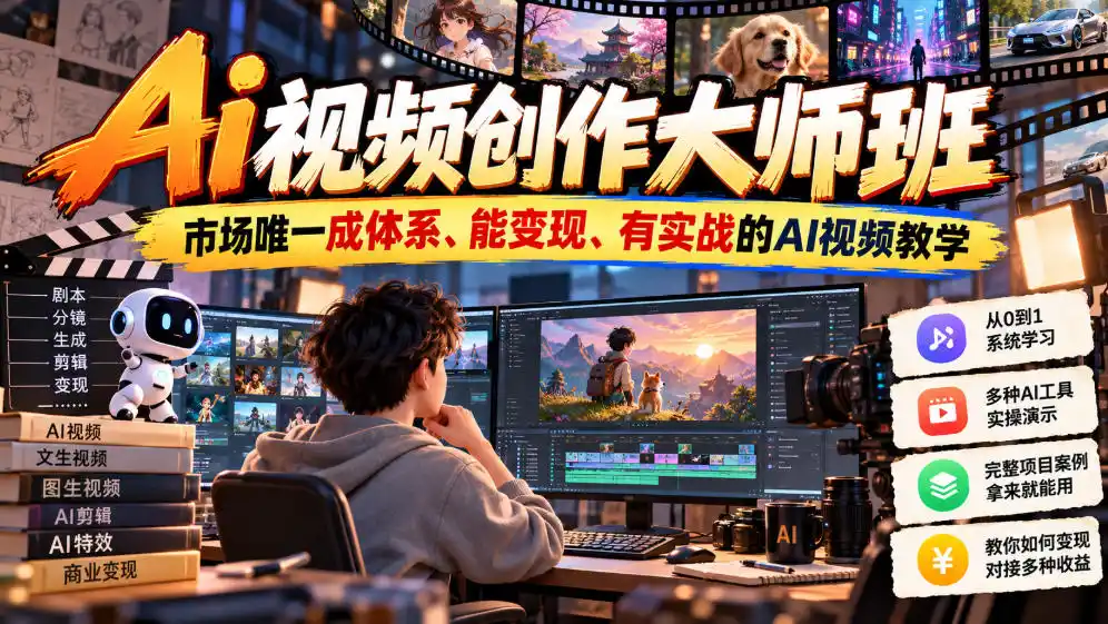 Ai视频创作大师班，市场唯一成体系、能变现、有实战的AI视频教学(更新2026)-豌豆轻创