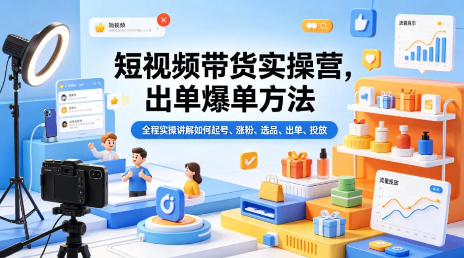 短视频带货实操营，出单爆单方法，全程实操讲解如何起号、涨粉、选品、出单、投放-豌豆轻创