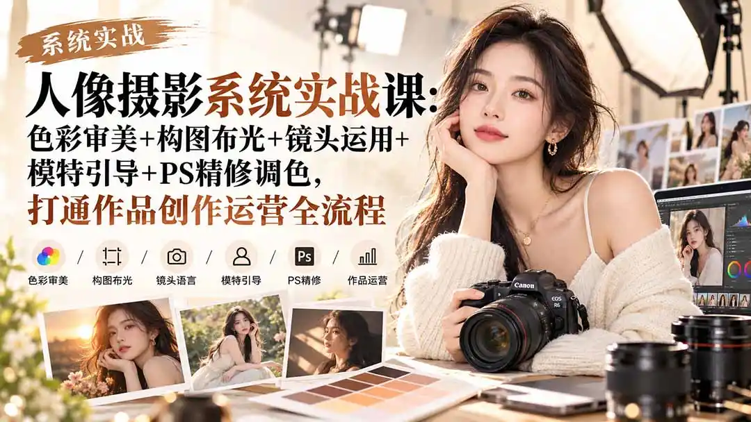【无水印】人像摄影系统实战课：色彩审美+构图布光+镜头运用+模特引导+PS精修调色，打通作品创作运营全流程-豌豆轻创