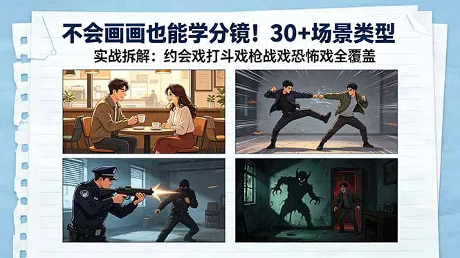 不会画画也能学分镜！30+场景类型实战拆解：约会戏打斗戏枪战戏恐怖戏全覆盖-豌豆轻创