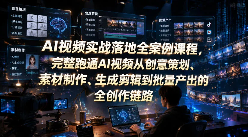 AI视频实战落地全案例课程,完整跑通AI视频从创意策划、素材制作、生成剪辑到批量产出的全创作链路