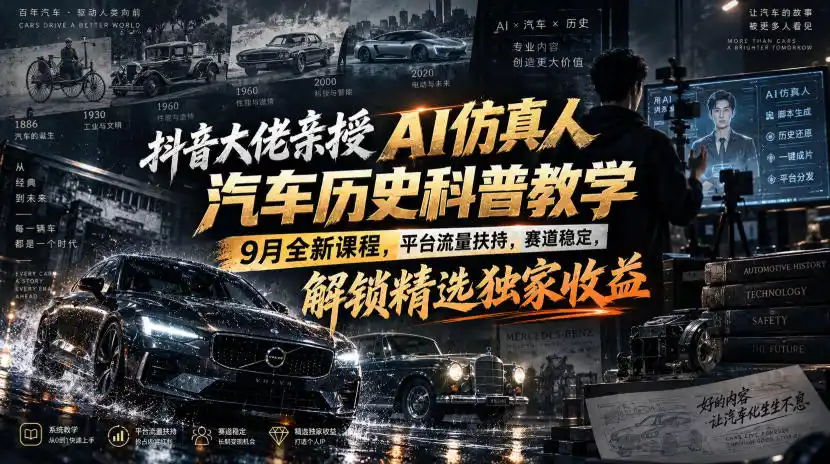 抖音大佬亲授AI仿真人汽车历史科普教学，9月全新课程，平台流量扶持，赛道稳定，解锁精选独家收益-豌豆轻创