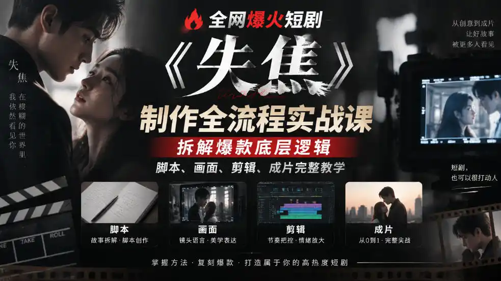 全网爆火短剧《失焦》制作全流程实战课｜拆解爆款底层逻辑，脚本、画面、剪辑、成片完整教学-豌豆轻创