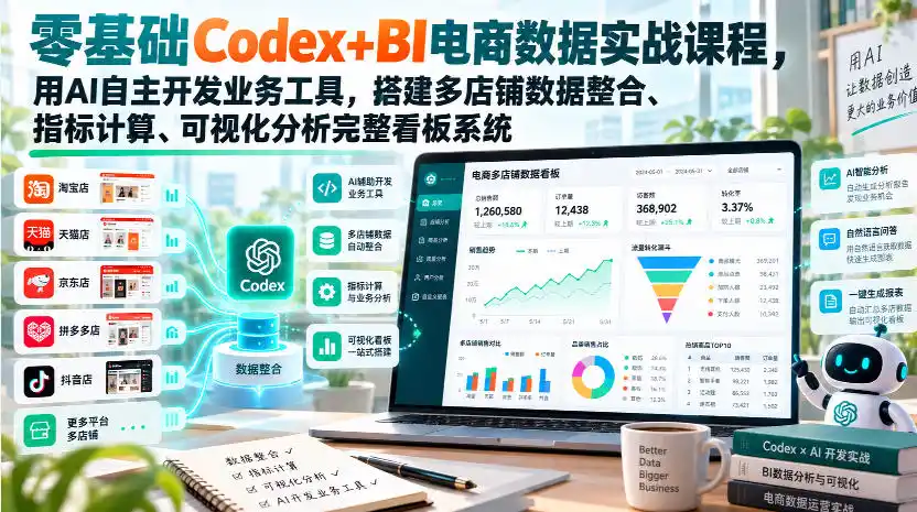 零基础Codex+BI电商数据实战课程，用AI自主开发业务工具，搭建多店铺数据整合、指标计算、可视化分析完整看板系统-豌豆轻创