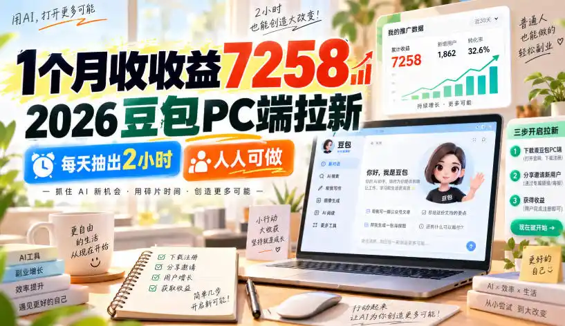 1个月收收益7258，2026豆包PC端拉新，每天抽出2小时，人人可做-豌豆轻创