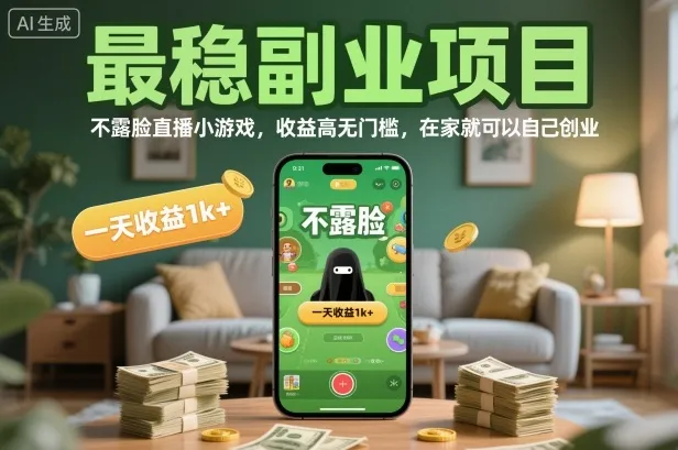 最稳副业项目，不露脸直播小游戏，收益高无门槛，一天收益1k+，在家就可以自己创业【揭秘】-轻创