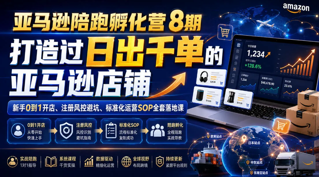 亚马逊陪跑孵化营8期，打造过日出千单的亚马逊店铺，新手0到1开店、注册风控避坑、标准化运营SOP全套落地课-豌豆轻创