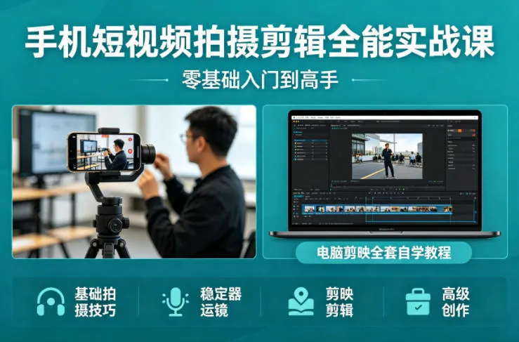 手机短视频拍摄剪辑全能实战课：零基础入门到高手，稳定器运镜+电脑剪映全套自学教程-豌豆轻创