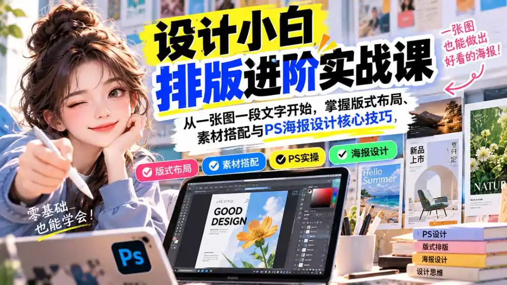 设计小白排版进阶实战课：从一张图一段文字开始，掌握版式布局、素材搭配与PS海报设计核心技巧-豌豆轻创