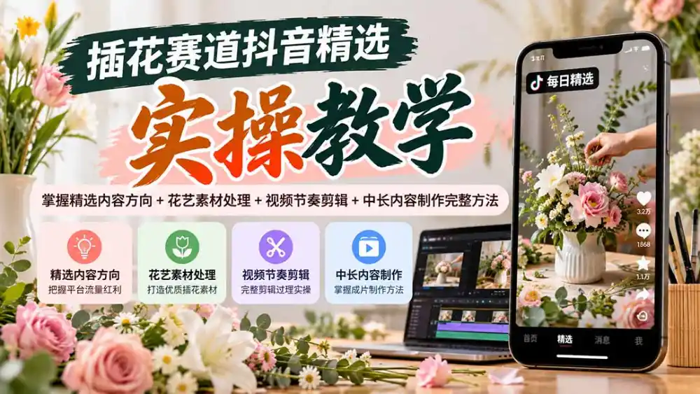 插花赛道抖音精选实操教学：掌握精选内容方向+花艺素材处理+视频节奏剪辑+中长内容制作完整方法-豌豆轻创