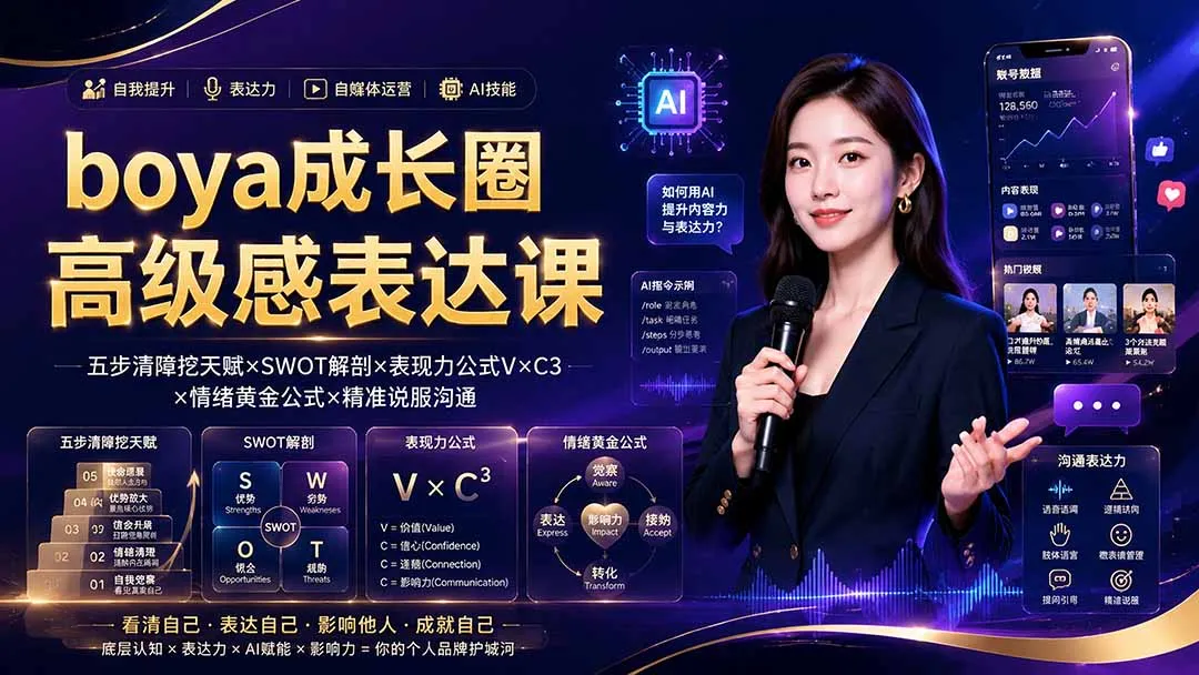 boya成长圈｜内心成长高级表达AI自媒体三合一，消解内耗挖掘天赋，镜头沟通AI指令短视频全流程教学-豌豆轻创