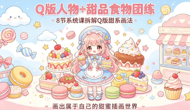 Q版人物+甜品食物团练，8节系统课拆解Q版甜系画法，画出属于自己的甜蜜插画世界-豌豆轻创