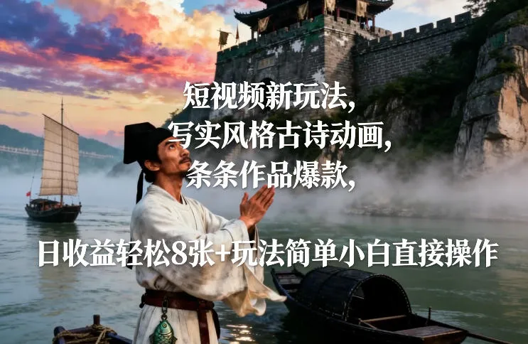 短视频新玩法，写实风格古诗动画，条条作品爆款，日收益轻松8张+玩法简单小白直接操作-轻创