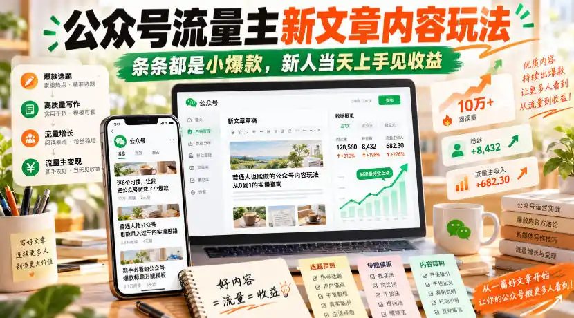 公众号流量主新文章内容玩法，条条都是小爆款，新人当天上手见收益-豌豆轻创