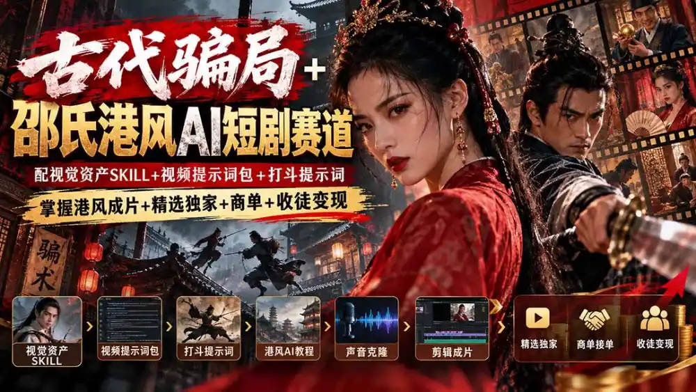 古代骗局+邵氏港风AI短剧赛道：配视觉资产SKILL+视频提示词包+打斗提示词，掌握港风成片+精选独家+商单+收徒变现-豌豆轻创