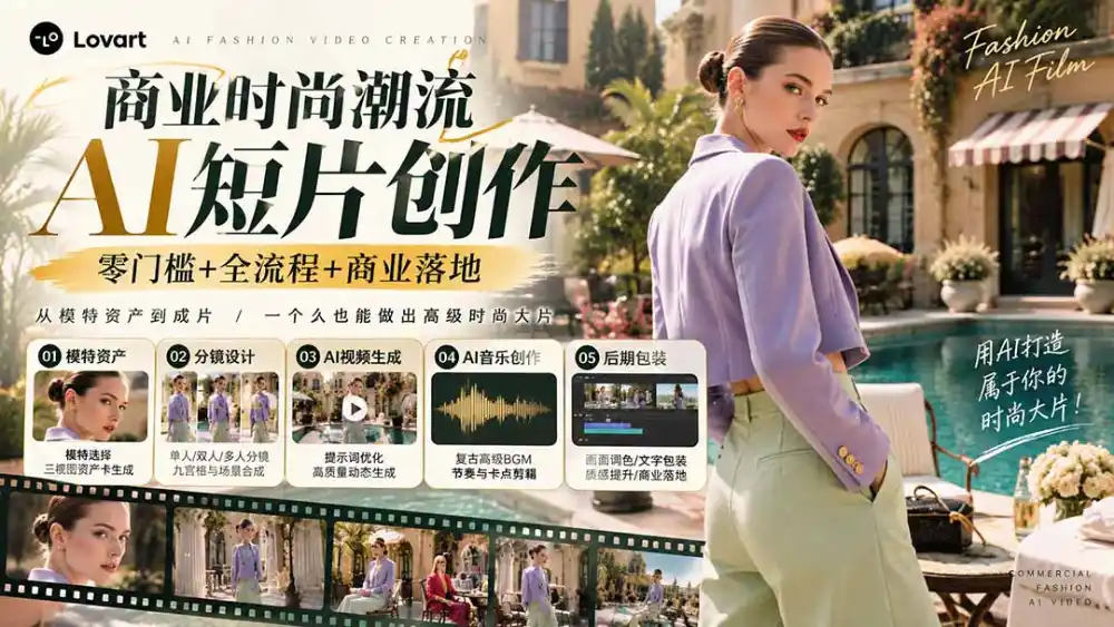 从一张模特图到高级时尚广告大片：AI三视图资产、场景合成、电影分镜、动态生成与复古音乐剪辑实战课-豌豆轻创