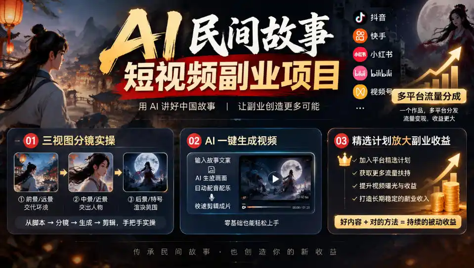 AI民间故事短视频副业项目，多平台流量分成，三视图分镜实操，精选计划放大副业收益-豌豆轻创