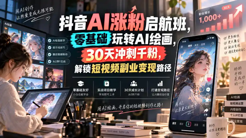 抖音AI涨粉启航班,零基础玩转AI绘画,30天冲刺千粉,解锁短视频副业变现路径-豌豆轻创